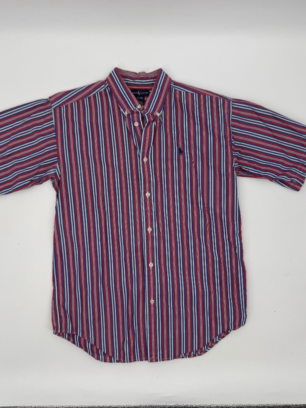 Ralph Lauren Short Sleeve Button Down Shirt Red White Blue Stripe Pony Youth XL